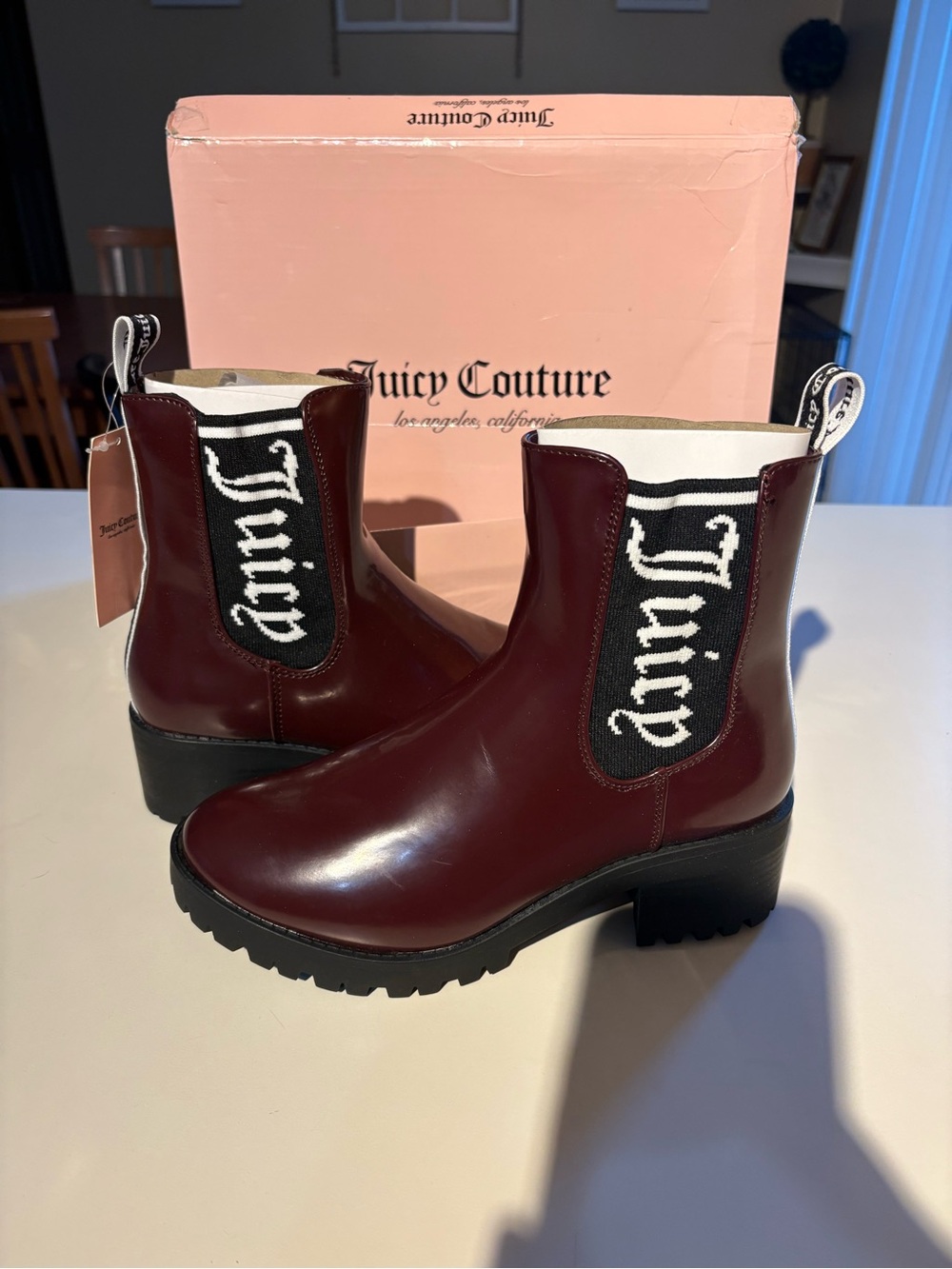 Juicy Couture Wine Red Leather Chelsea Booties with Logo Panels